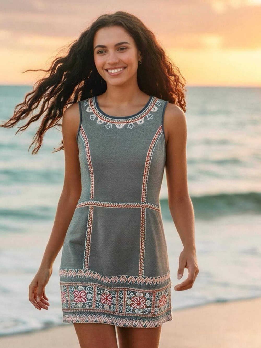 Pixley Gray Sleeveless Mini Dress with Multicolor Embroidered Trim Size M